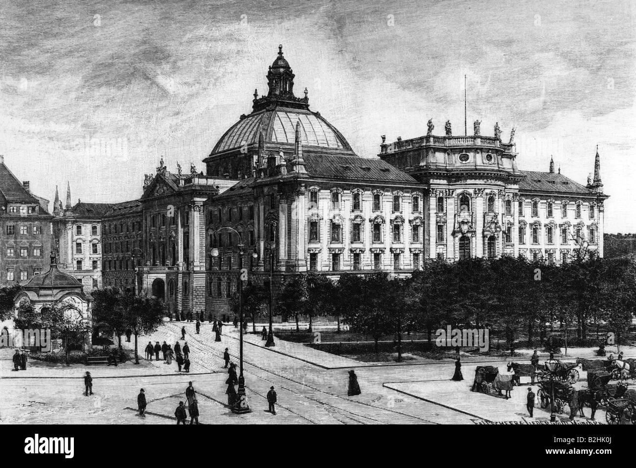 geography/travel, Germany, Munich, Justizpalast, built 1890 - 1897, architect: Friedrich von Thiersch, exterior view, wood engraving, 1896, Palace of Justice, justice office, architecture, neo-baroque, neo baroque, traffic, Prielmayerstraße, Karlsplatz, Stachus, Bavaria, Europe, 19th century, historic, historical, people, Stock Photo