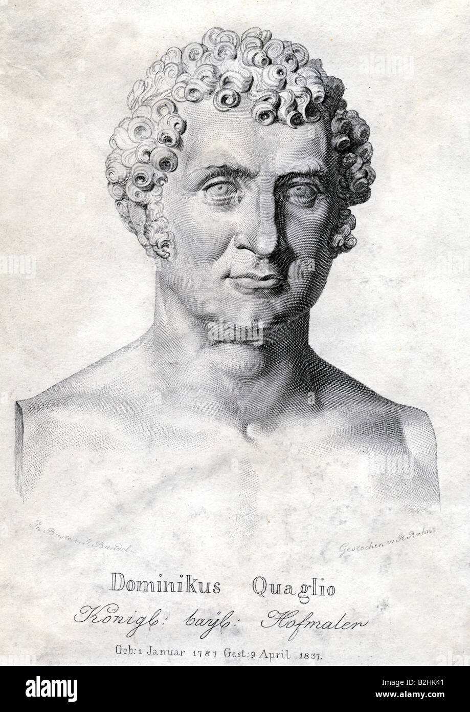 Quaglio, Domenico (Dominikus), 1.1.1787 - 9.4.1837, German painter and engraver, portrait, engraving by Rudolf Rahn, after bust by Joseph Ernst von Bandel, 19th century, Stock Photo