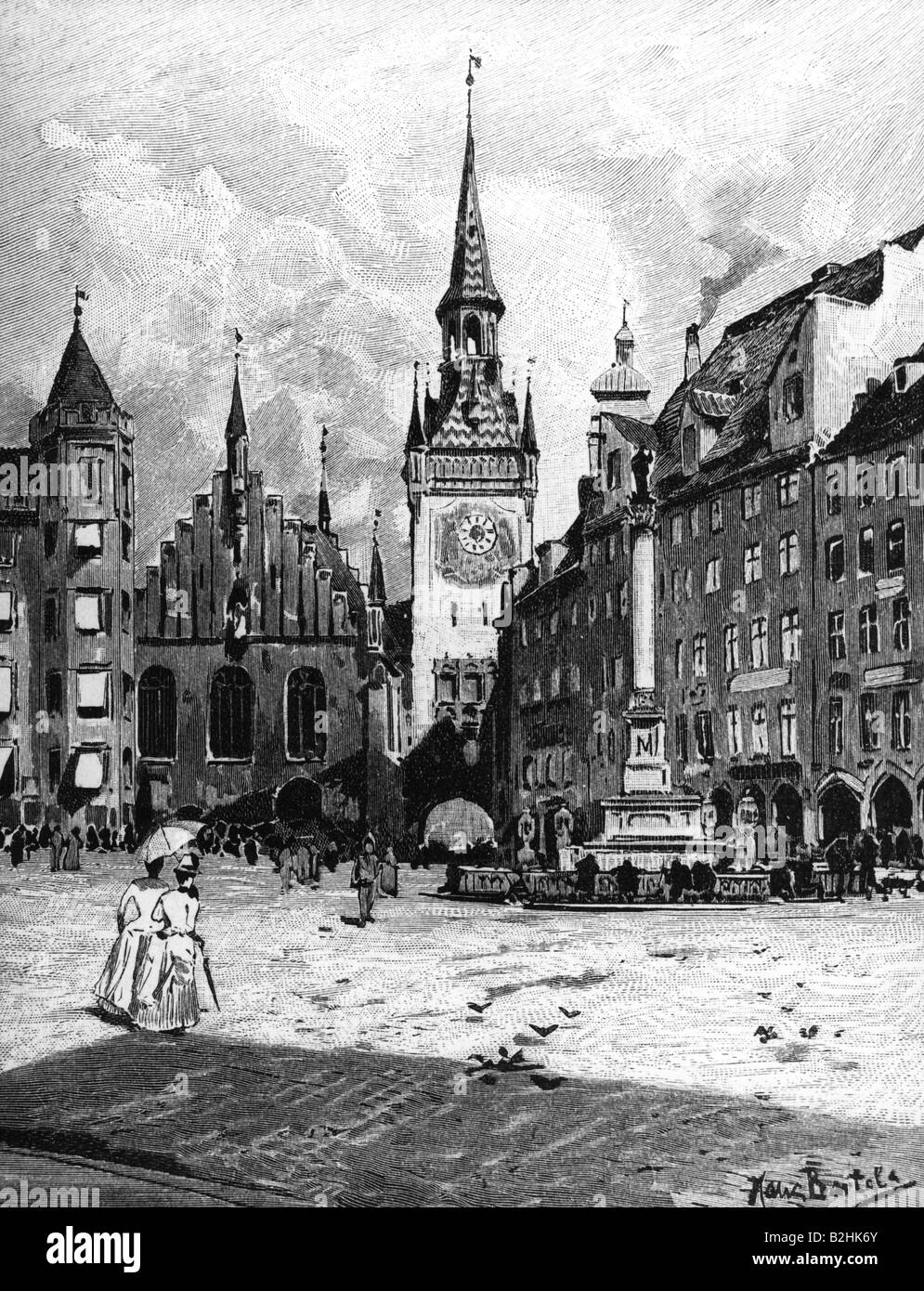 Geography / Travel, Germany, Munich, Marienplatz, View, Wood Engraving ...