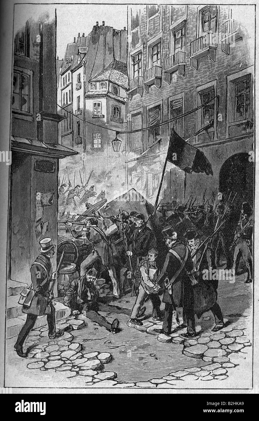 events, revolutions 1848 - 1849, France, February revolution 21.2.1848 - 24.1.1848, street figthing in Paris, wood engraving, 1893, barrikade, revolutionaries, people, politics, Second Republic, 19th century, historic, historical, Stock Photo