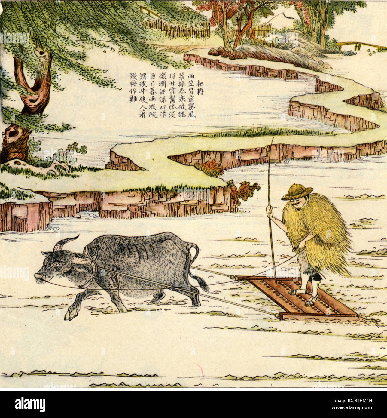 geography / travel, China, agriculture, harrowing, colour print, field, farmer, ox, harrow