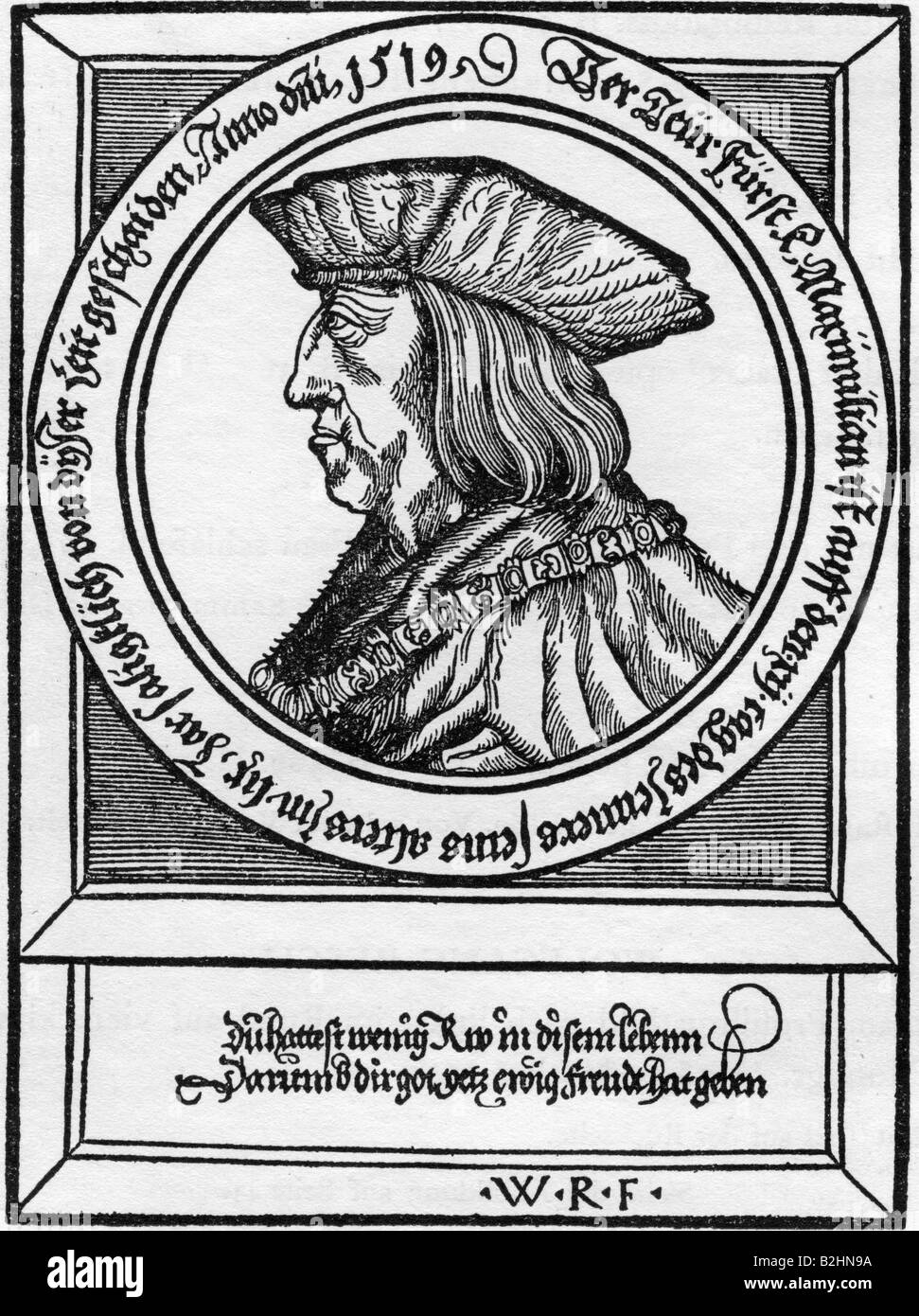 Maximiliam I, 22.3.1459 - 12.1.1519, Holy Roman Emperor 4.2.1508 - 12.1.1519, portrait, side-face, woodcut by Wolfgang Resch for the 'Kaiserchronik' by Hans Sachs, 1530, , Stock Photo