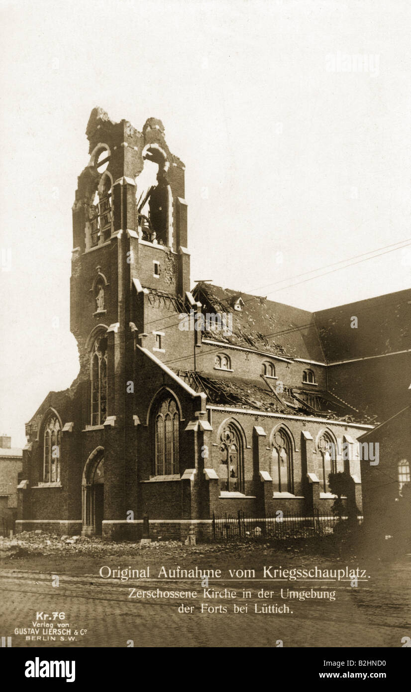 events, First World War / WWI, Western Front, Belgium, destroyed church near the Liege fortress, postcard, 1914, Stock Photo