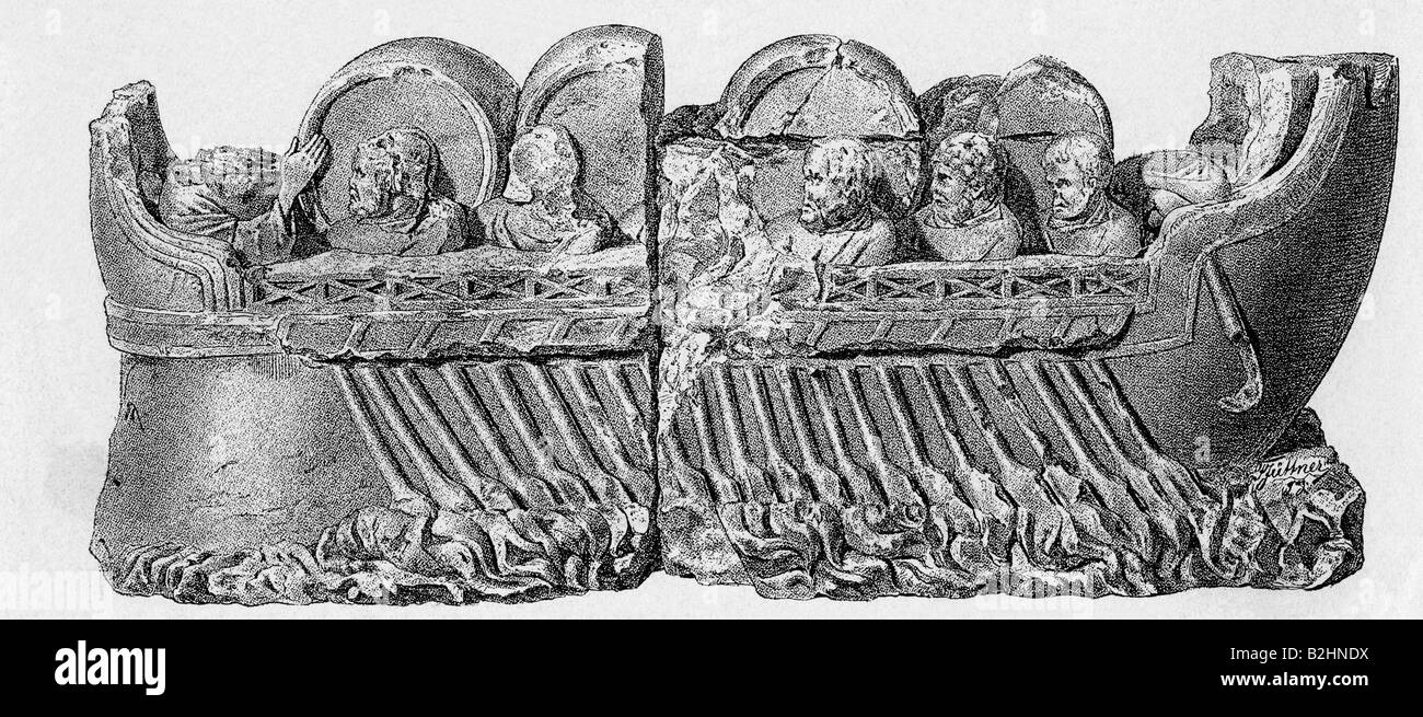 transport/transportation, navigation, galley, Roman wine ship, 3rd century AD, wood engraving, 19th century, after sculpture, ancient world, antiquity, Romans, casks, trade, Germany, historic, historical, ancient world, people, Stock Photo