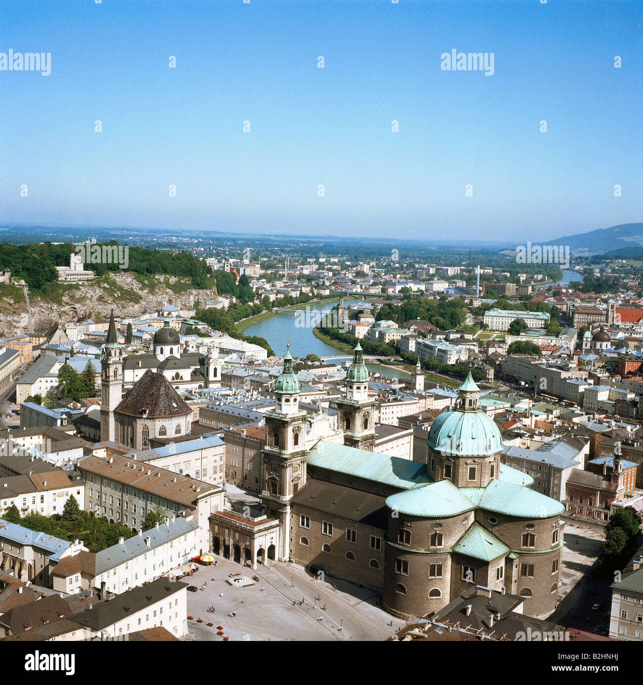 geography / travel, Austria, Salzburg country, view from  the Hohensalzburg on town with church, cathedral and Salzach, castle, city view, cityscape, view, UNESCO World Cultural Heritage Site / Sites, Stock Photo