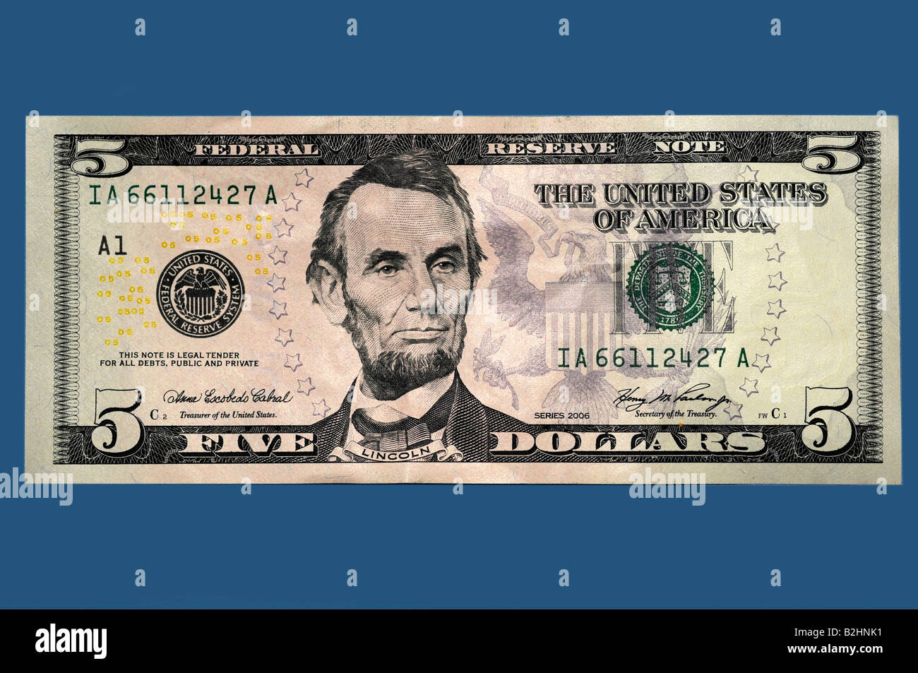 5 five dollar american united states bill series 2006 Stock Photo