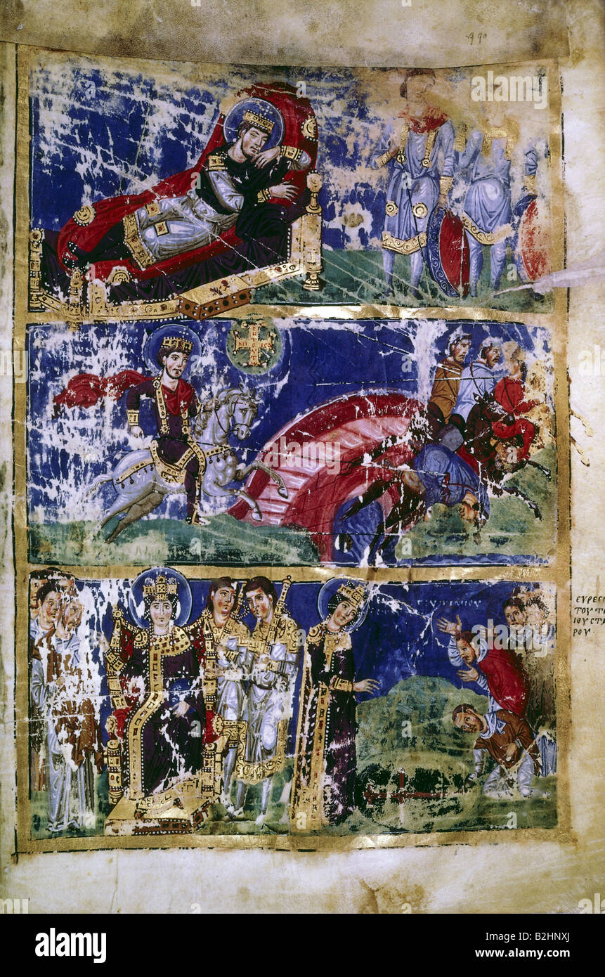 Constantine I 'the Great' (Flavius Valerius Constantinus), circa 280 - 22.5.337, Roman Emperor 25.7.306 - 2.5.337, scenes from his live, Byzantine miniature, 879  - 882, 'Homilies' of Gregory of Naizanz the Younger (329 - 389), National Library Paris, , Stock Photo