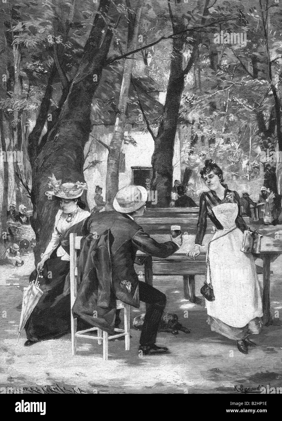 gastronomy, beer garden, 'In the Ber Garden', wood engraving after painting by Konrad Egersdörfer, circa 1895, , Stock Photo