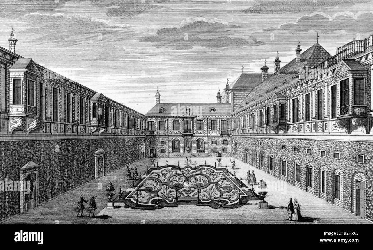 geography/travel, Germany, Munich, Residenz, garden before the electorS s room, view, copper engraving by Johann August Rabe after Matthias Disel, 18th century, architecture, baroque, court, palace, castle, electors, Bavaria, Europe, historic, historical, people, Stock Photo
