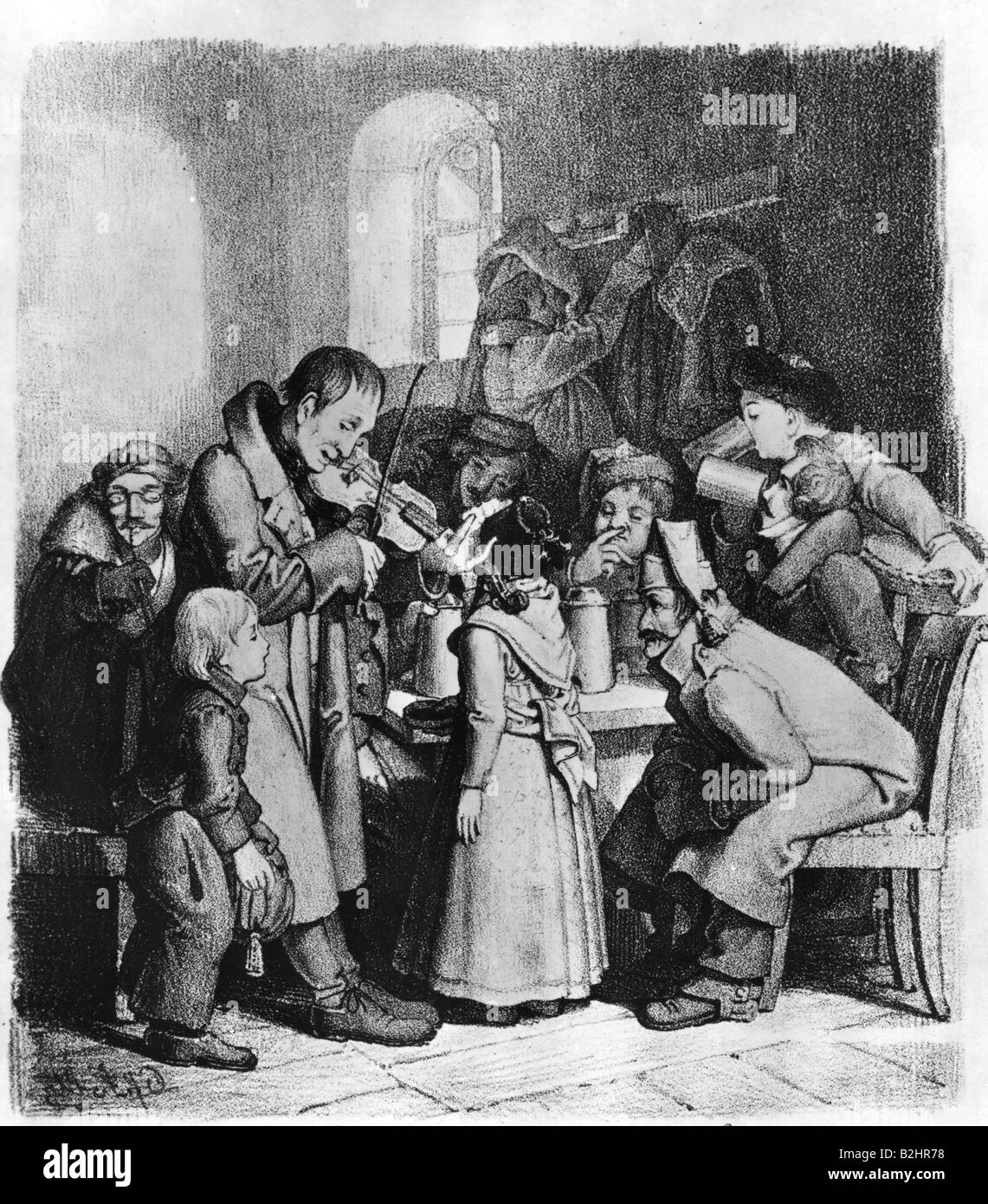 geography/travel, Germany, Munich, people, fiddler in the inn, lithograph by Philipp von Foltz (1805 - 1877), Staatliche , Stock Photo