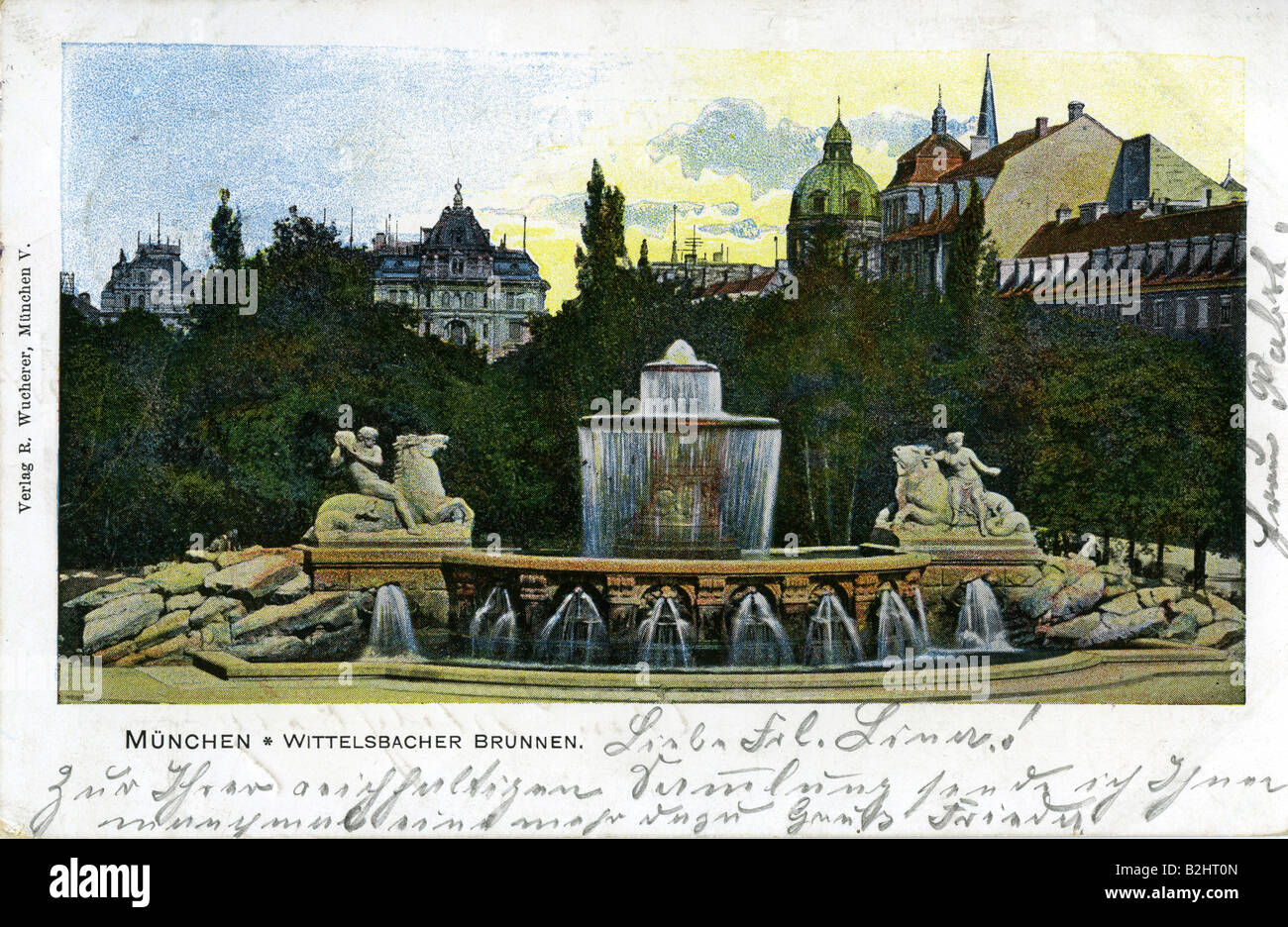geography/travel, Germany, Munich, Wittelsbacherbrunnen, built 1895 by Adolf von Hildebrand, view, postcard after drawing, stamped 7.3.1900, Stock Photo