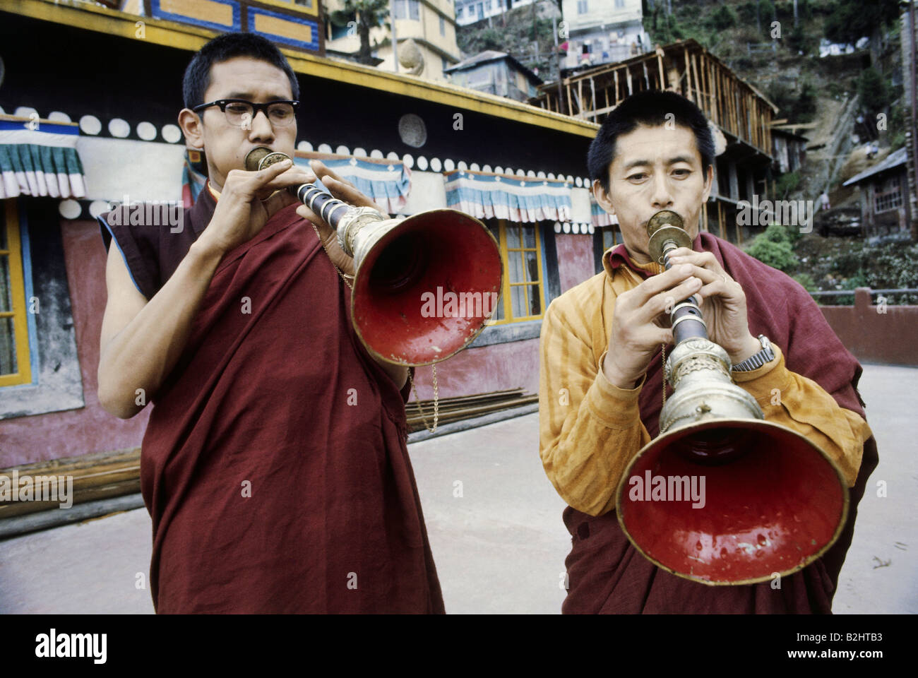 religion, buddhism, Tibet, Tibetian monks, Darjeeling, music, wind instrument, instruments, monk, Stock Photo
