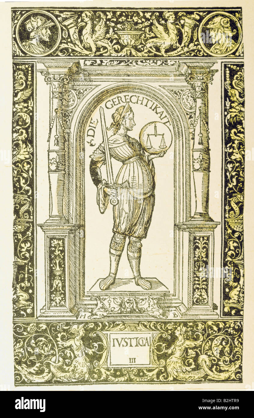 justice, allegories, equity, woodcut by Hans Burgkmair the Elder, Augsburg, circa 1525, Stock Photo