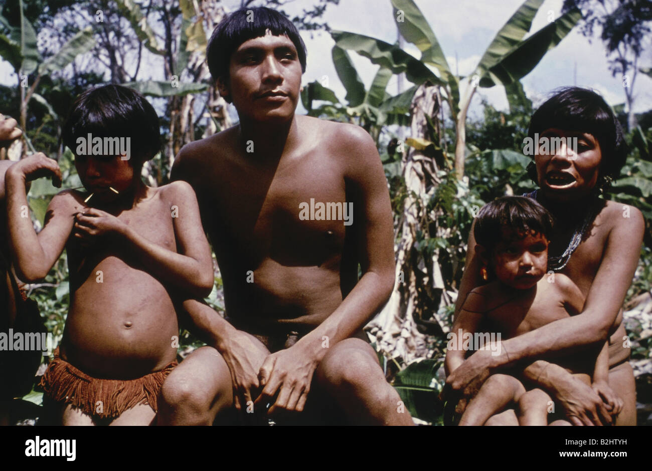 people, family, Brazil, Waika Indians, ethnic, ethnology, South America, indigenous, native, Yanomami, man, woman, two children, Stock Photo