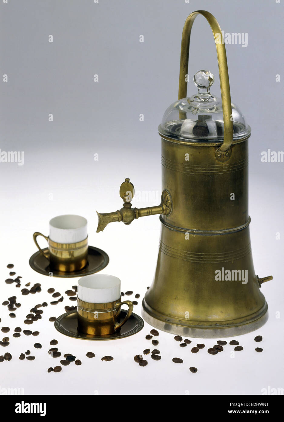 gastronomy, coffee, espresso machine, cups, coffee beans, circa 1890, Stock Photo