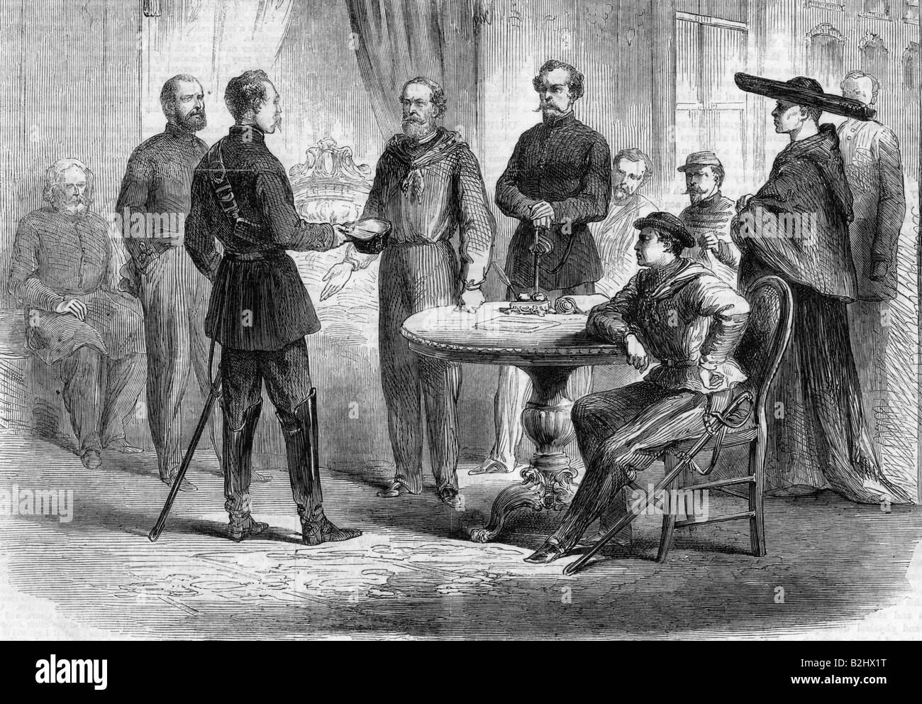 Garibaldi, Giuseppe, 4.7.1807 - 2.6.1882, Italian freedom fighter, full length, receiving the Neapolitan envoy  Major Bosco, Palermo, 1860, Stock Photo