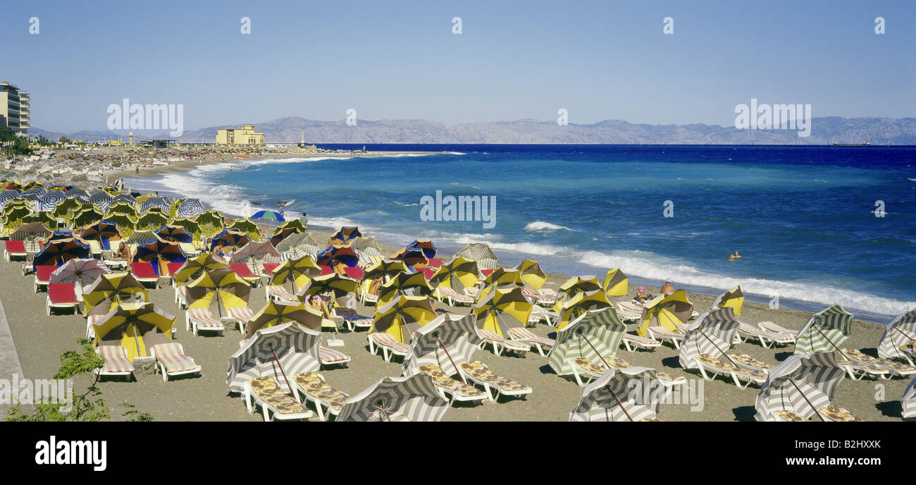 geography / travel, Greece, Island Rhodes, Rhodes town, beach, sea, parasol, mass tourism, holiday, holidays, vacation, travel, holiday-maker, Stock Photo