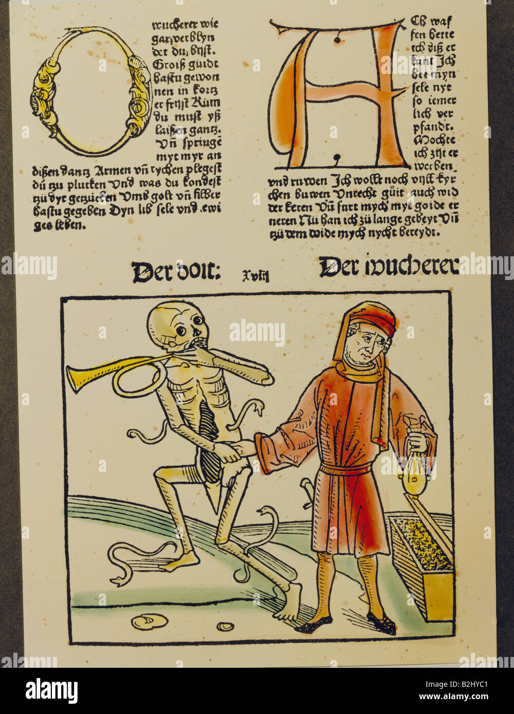 money / finance, interest, usury, 'Der Doit - Der Wucherer' (The death - the usurer), allegory, woodcut, coloured, from 'Der Doten Dantz' (The death dance), Heidelberg, Germany, circa 1490, Stock Photo