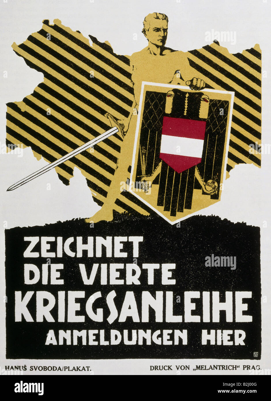 events, First World War / WWI, propaganda, poster 'Zeichnet die vierte Kriegsanleihe' (Buy the 4th war bond), by Hanus Svoboda, Austria-Hungary, April 1916, Stock Photo