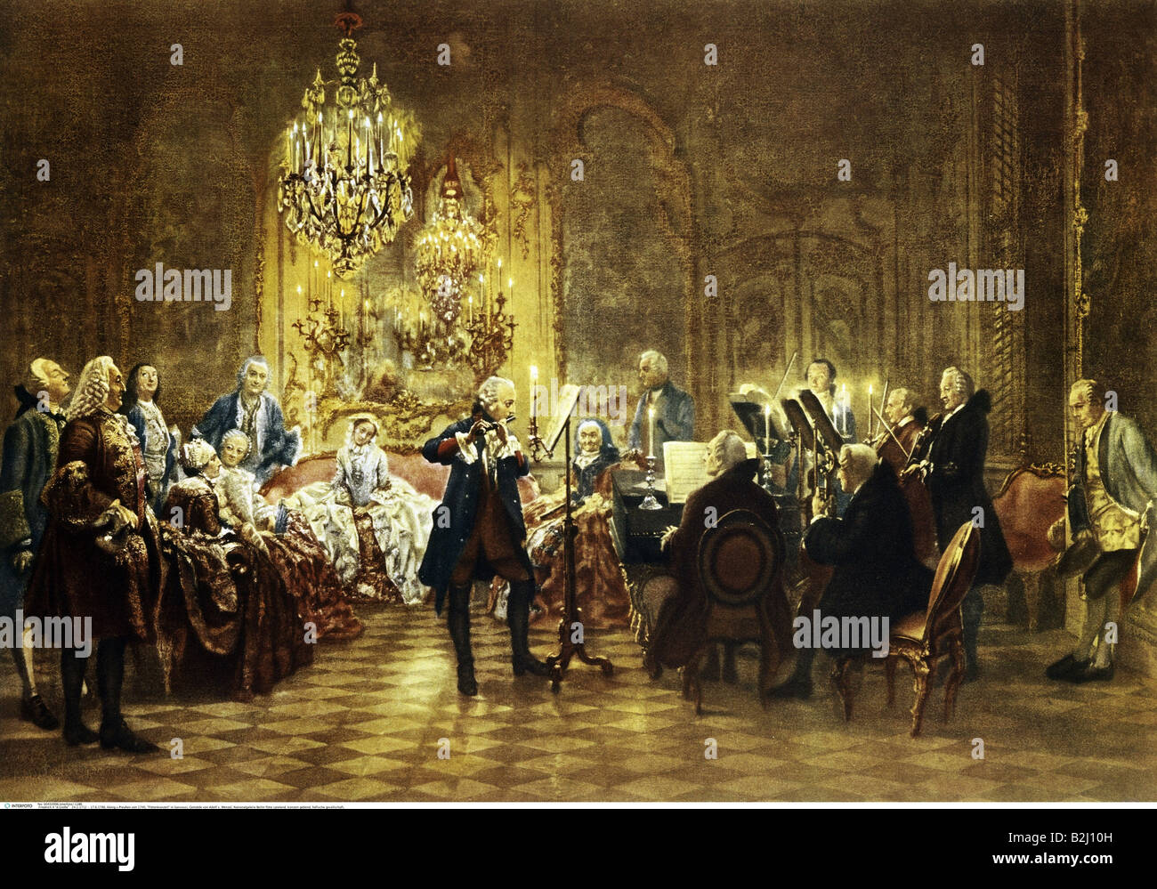 Frederick II 'the Great', 24.1.1712 - 17.6.1786, King of Prussia 31.5.1740 - 17.6.1786, painting 'The Flute Concert of Sanssouci' by Adolph von Menzel, 1852, oil on canvas,  National Gallery, Berlin, , Artist's Copyright has not to be cleared Stock Photo