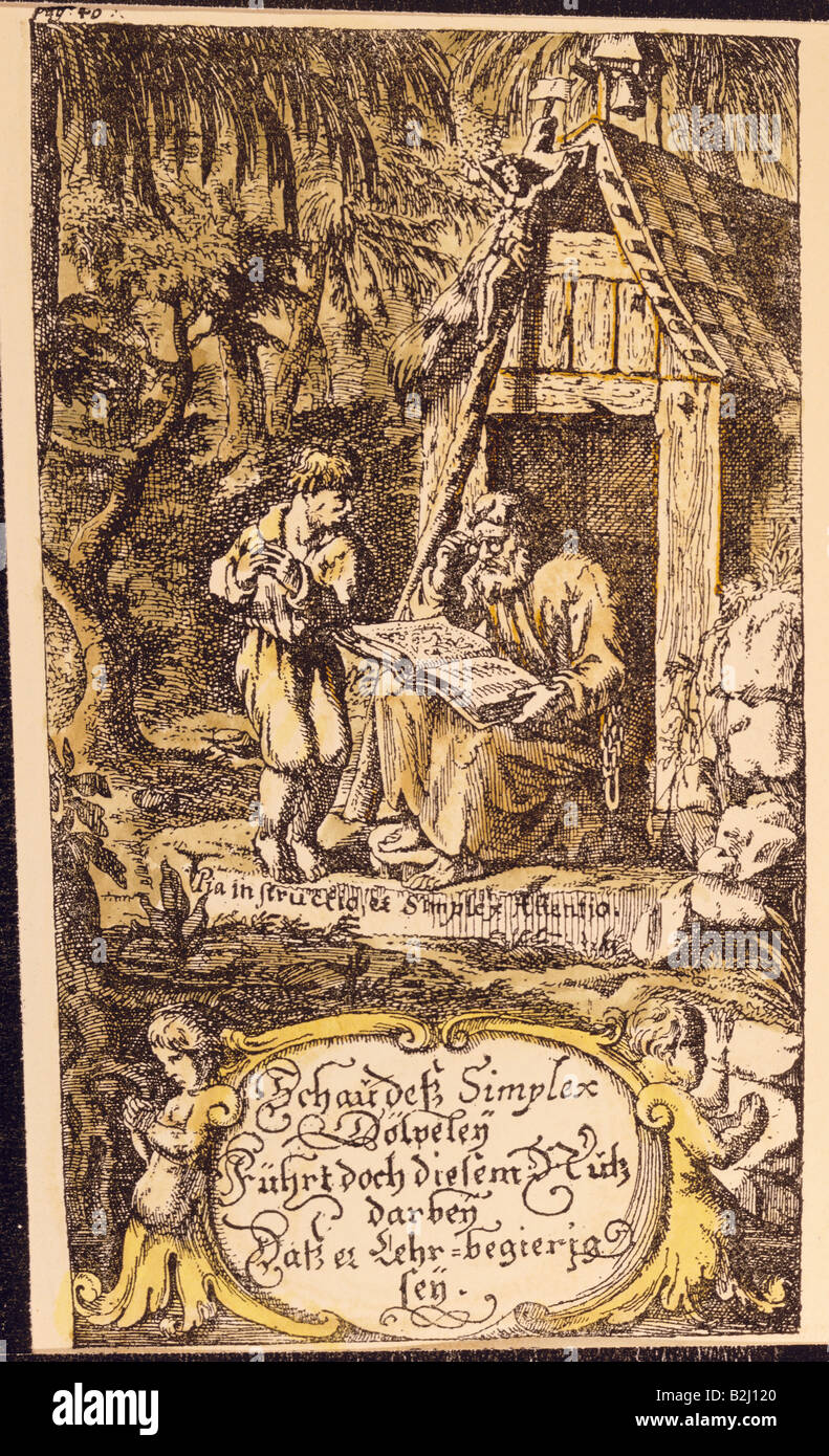 Grimmelshausen, Hans Jakob Christoffel von, circa 1622 - 17.8.1676, German author / writer, works, 'Simplicius Simplicissimus', 1668, illustration, Simplicius and the hermit, copper engraving, Nuremberg, 1684, private collection, , Artist's Copyright has not to be cleared Stock Photo