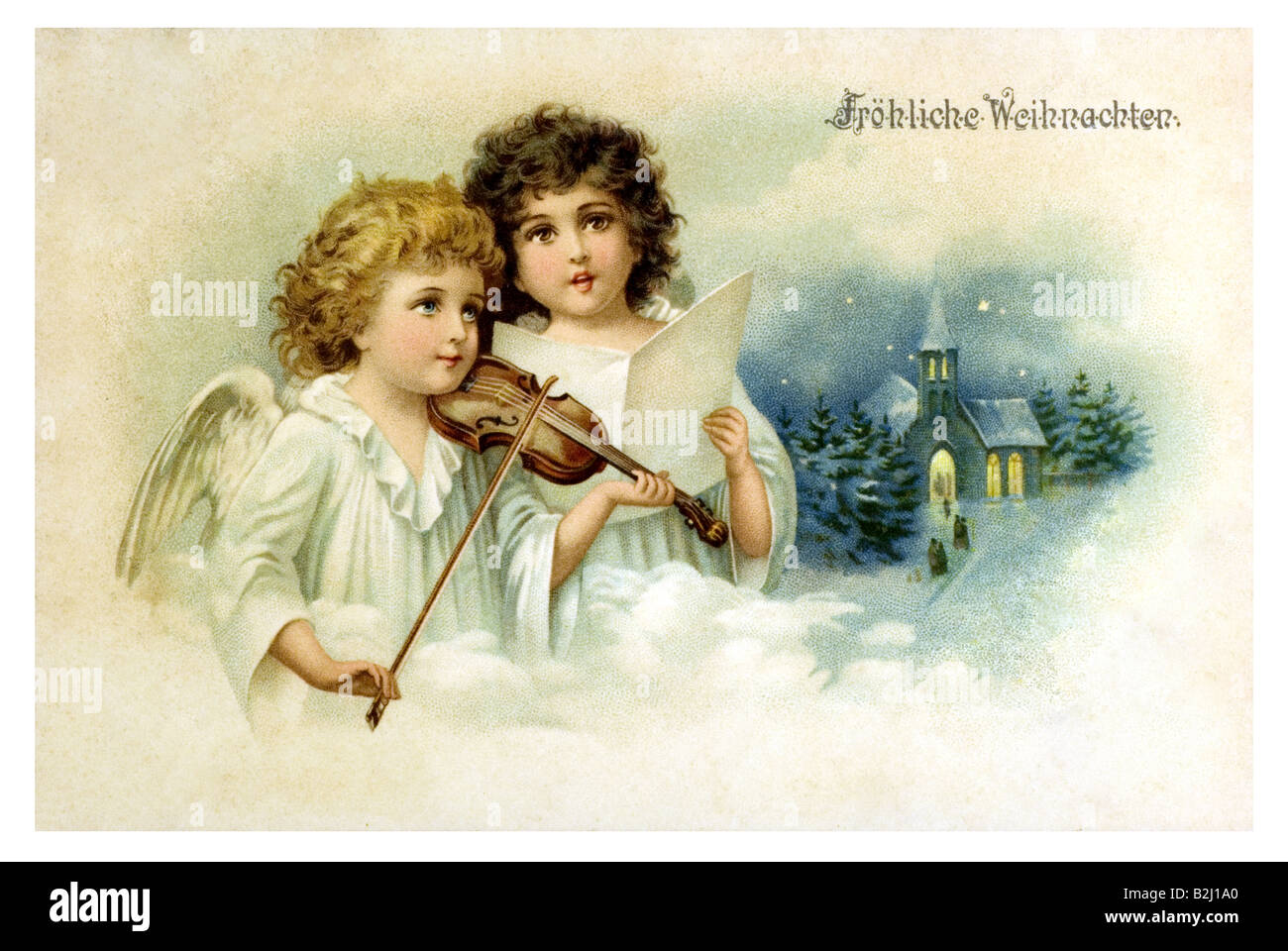 Postcard motive childen angel in heaven making music for the world 19th century Germany Stock Photo