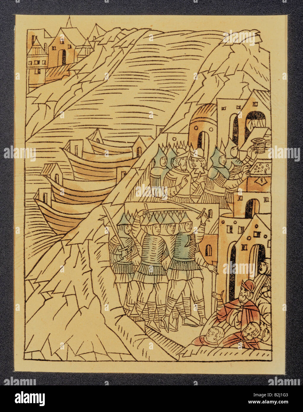 Middle Ages, Vikings, pillage of Kostroma, woodcut, coloured, 16th century, private collection, historic, historical, geography, Russia, boats, city view, Varangians, Varyags, warriors, soldiers, river, graphic, graphics, print, prints, people, medieval, Stock Photo