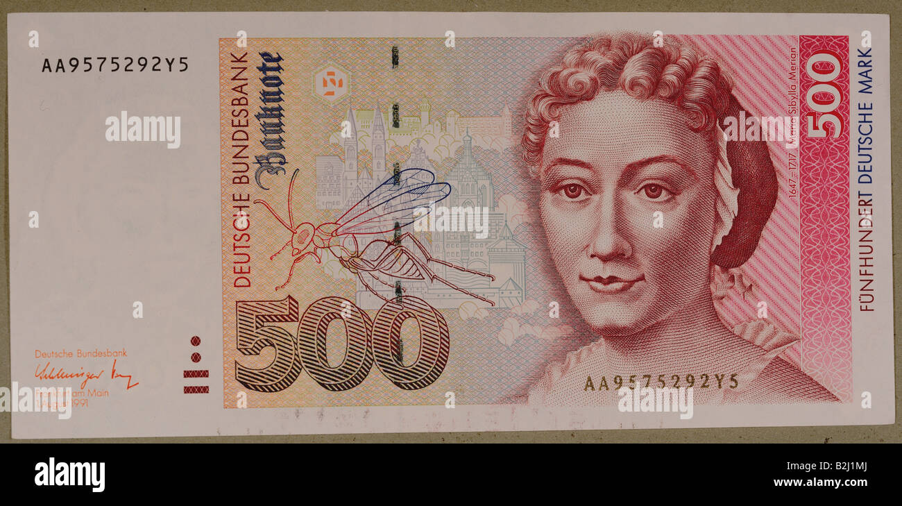 money / finance, bank notes, Germany, 500 deutsche mark, portrait, Maria Sybilla Merian, 1992 - 2002, Stock Photo