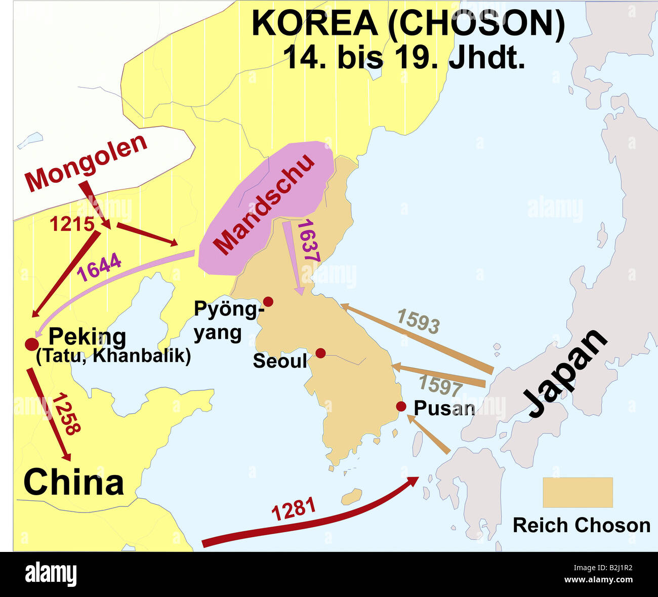 geography / travel, carthography, historical maps, modern times, Korea, Joseon Dynasty, 14th - 19th century, historic, map, Asia, China, campaign of Mongolian, 1215, 1258 and 1281, Mandshu 1637 and 1644, Japan, 1593 and 1597, Mongolia, Pusan, Seoul, Pyongyang, Beijing, Empire, Stock Photo