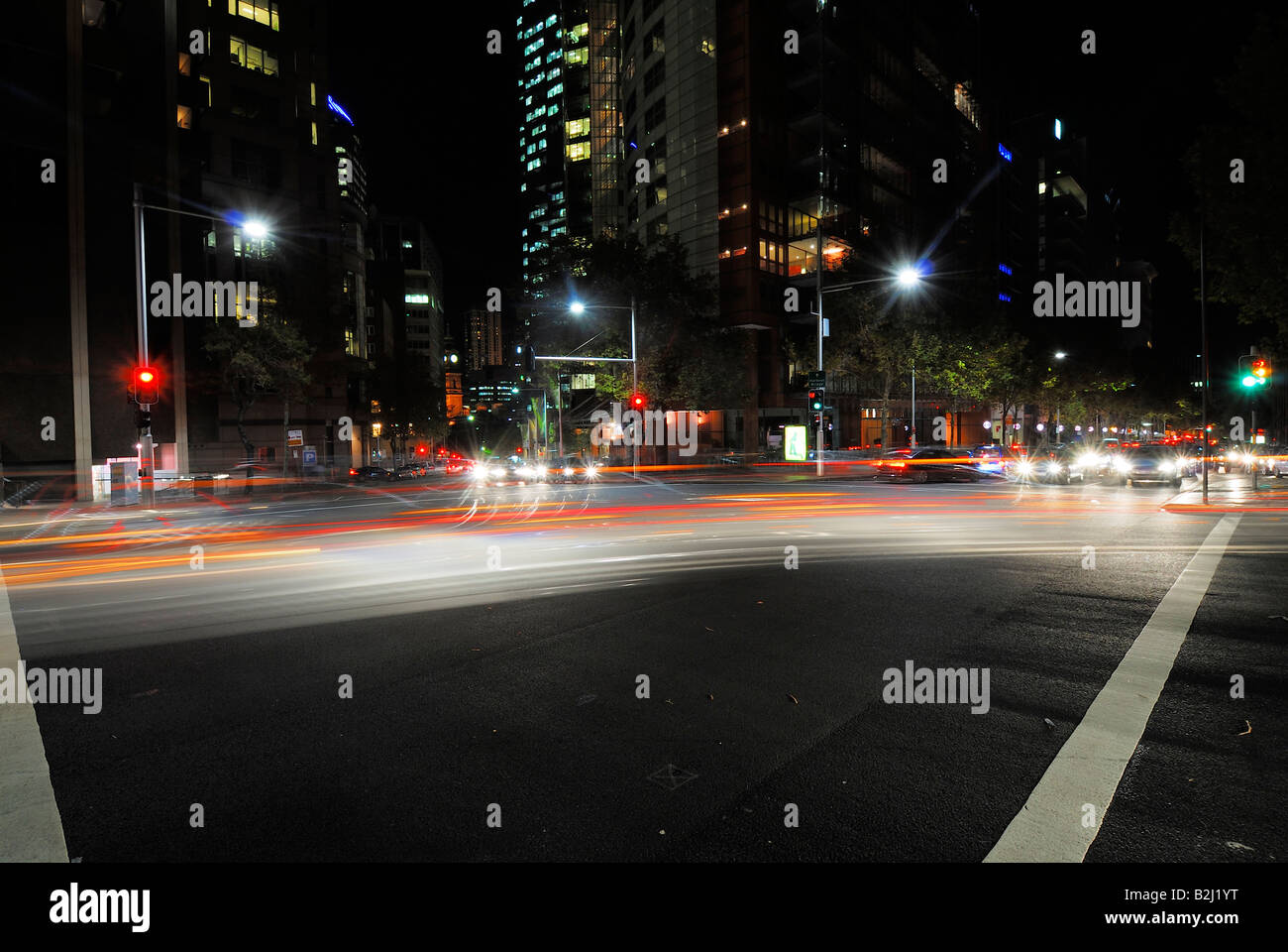 road traffic tracers Sydney city night New South Wales Australia Streetlights Stock Photo