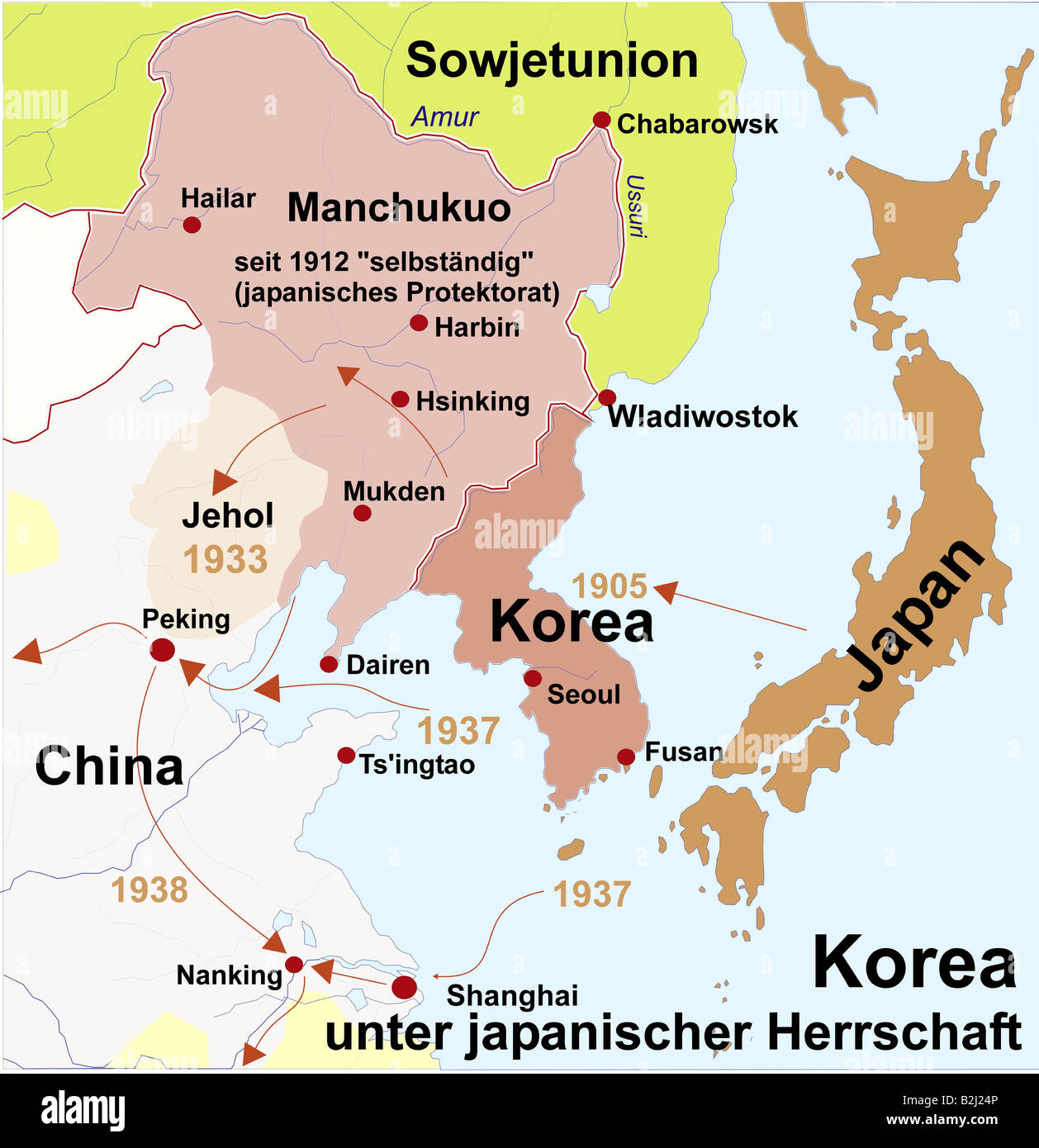 carthography, historic maps, Korea under Japanese command, 1905 - 1945, Stock Photo
