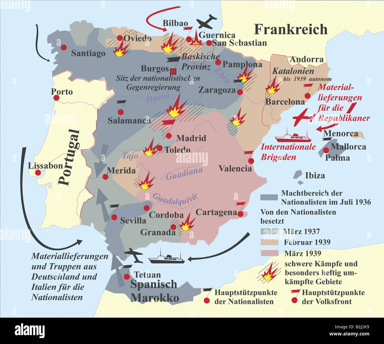 cartography, historical maps, Spain, Spanish Civil War 1936 - 1939, Stock Photo