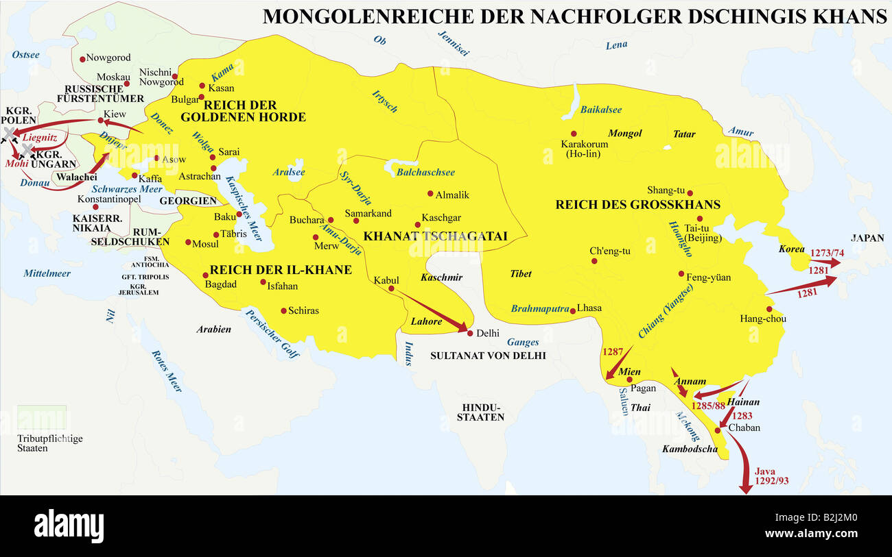 carthography, historical maps, middle ages, Mongolian Empire of successor of Genghis Khan, middle of 13th century, Asia, China, map, history, historic, war, battles, battle, Tatars, Karakitai, Hsi Hsia, Sung, Chwarezm, Mongolia, India, Sultan of Delhi, Russia, Seljuq of Rum, Persia, campaign, medieval, Stock Photo