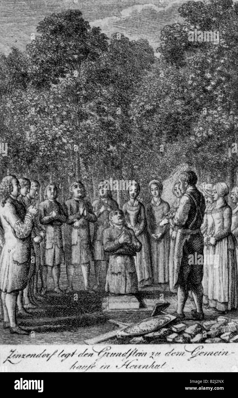 Zinzendorf, Nikolaus Ludwig Graf, 25.5.1700 - 9.5.1760, German theologian and poet, laying the cornerstone for the Parish Hall at Herrenhut, copper engraving by Daniel Chodowiecki, 18th century, , Artist's Copyright has not to be cleared Stock Photo