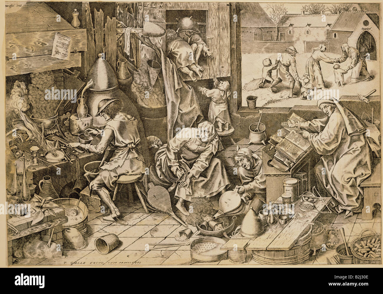 alchemy, allegory, the making gold brings the ruin, copper engraving by Theodor Galle after painting by Pieter , Artist's Copyright has not to be cleared Stock Photo