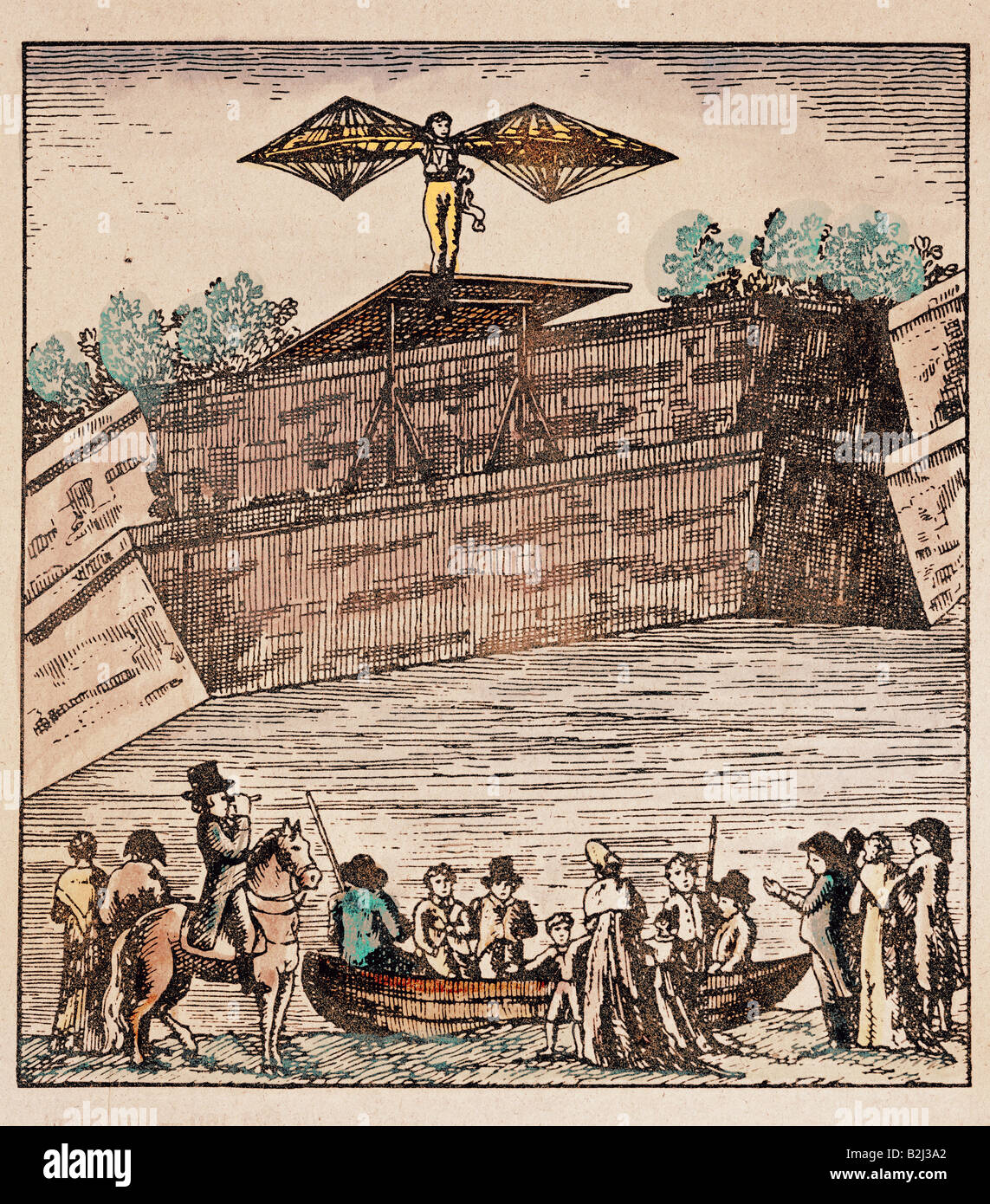 Berblinger, Albrecht Ludwig, 24.6.1770 - 28.1.1829, German tailor and inventor, flying attempt, Ulm, 31.5.1811, coloured copper engraving, 1st half 19th century, private collection, Artist's Copyright has not to be cleared Stock Photo