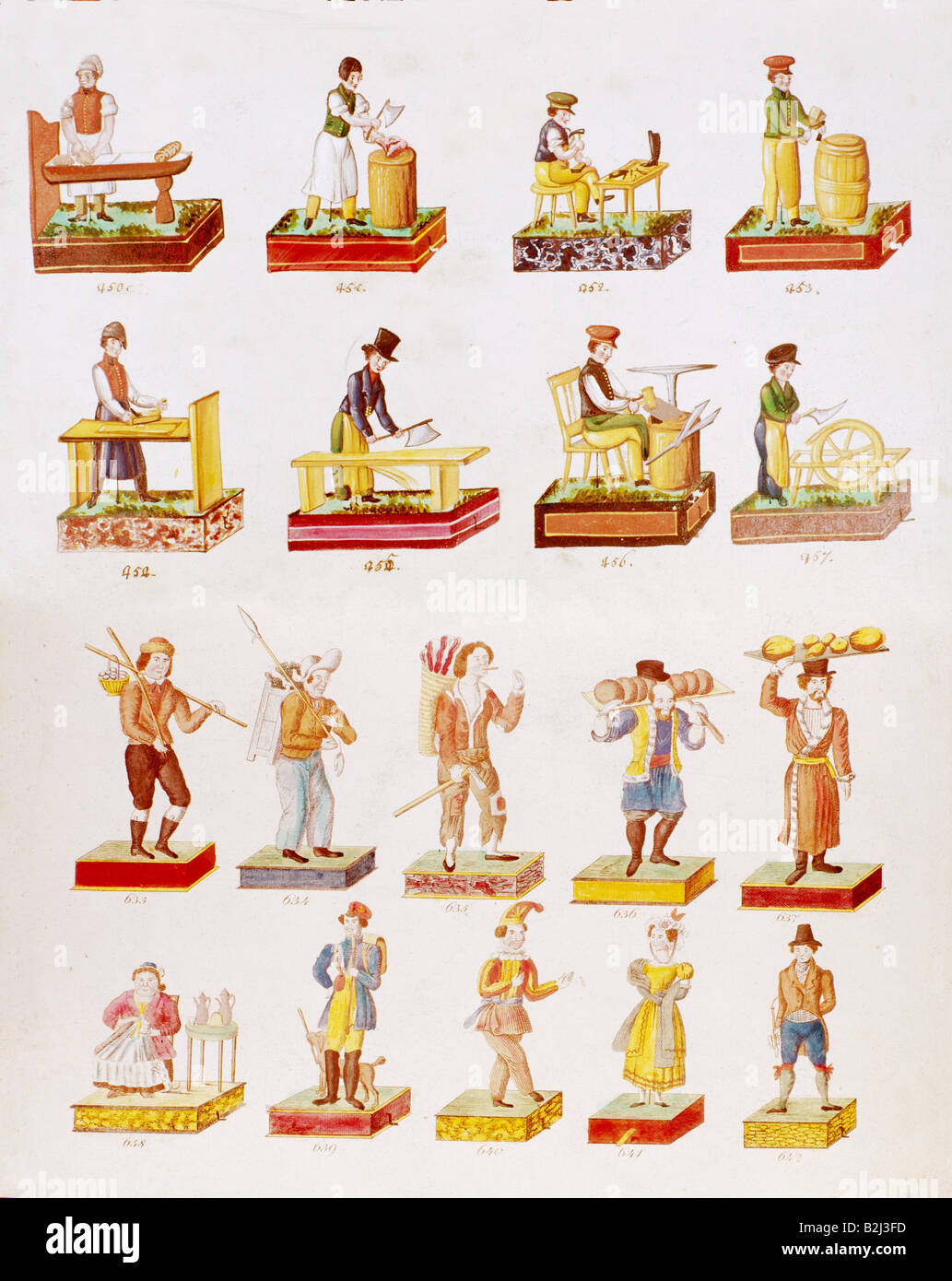 toys, figures, coloured lithograph from a sample book, Sonneberg Toy Factory, Thuringia, circa 1800/1801, Stock Photo