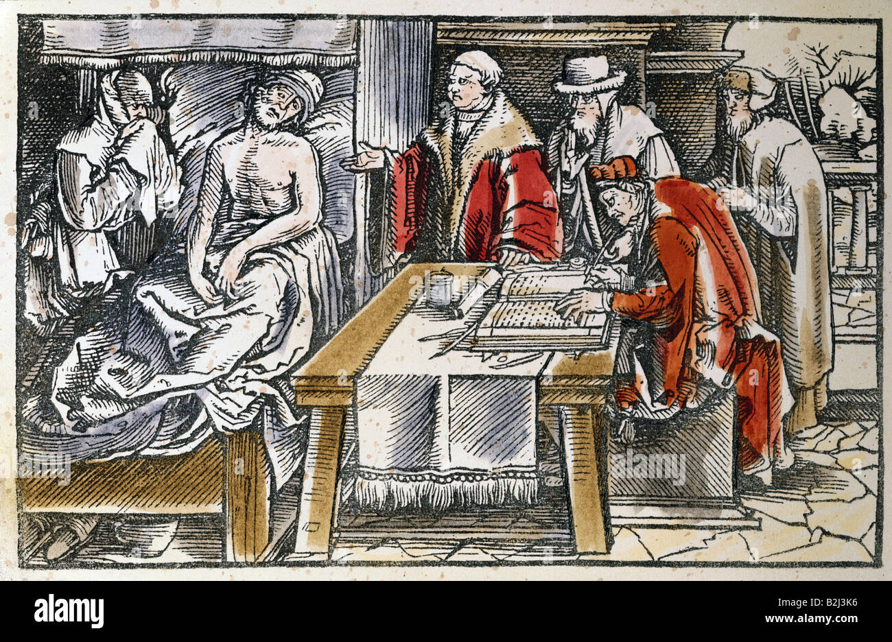 justice, notary publics, notary public, writing down will, woodcut, coloured, by the 'Petrarca master', from 'Trostspiegel in Glueck und Unglueck' (Comfort mirror in happiness and unhappiness), by Francesco Petrarca (1304 - 1374), Augsburg, Germany, 1539, Stock Photo