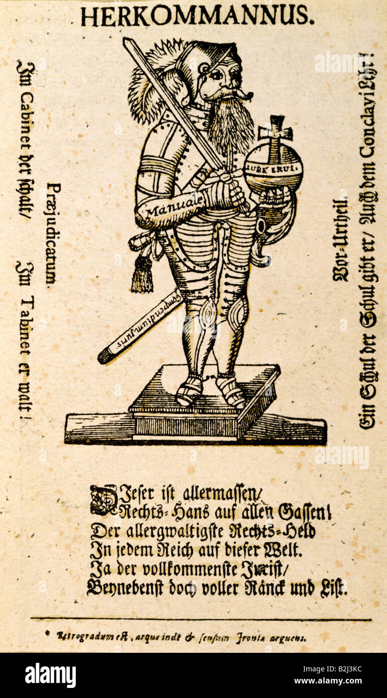 justice, caricature, 'Herkommannus' (Usage), satire, title page, woodcut, Germany, circa 1720, private collection, Stock Photo