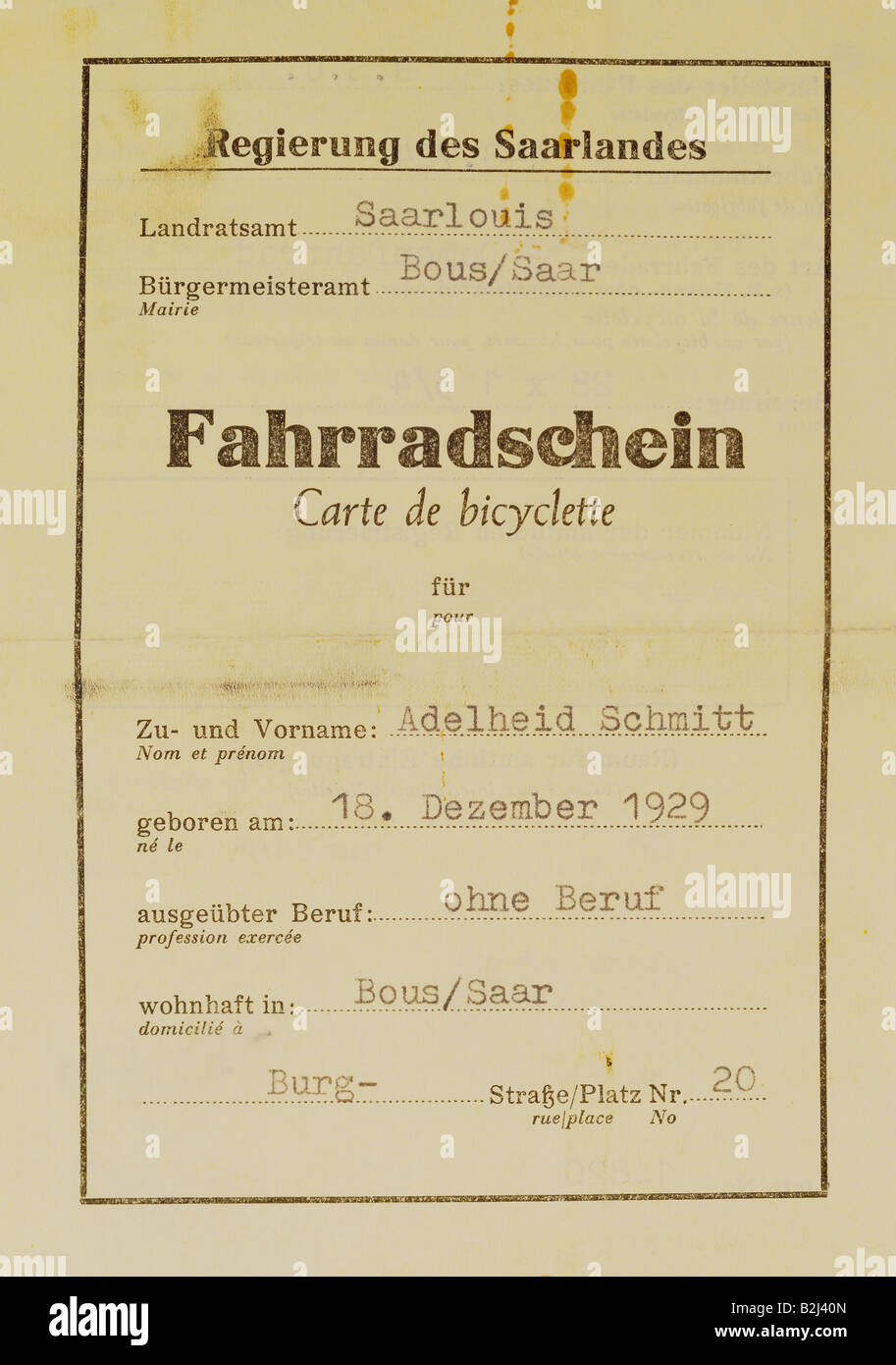 documents, bicycle riding licence, Saarland, France, 1952, Stock Photo