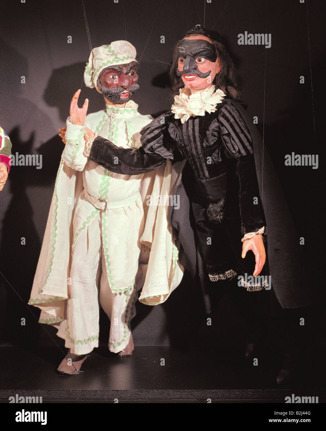 theatre, puppet theatre, marionettes, figures of Commedia dell´arte by Luigi Lupi, Turin, 19th century, Stadtmuseum, Munich, puppets, dell art, Italy, fine arts, handcraft, historic, historical, people, Stock Photo