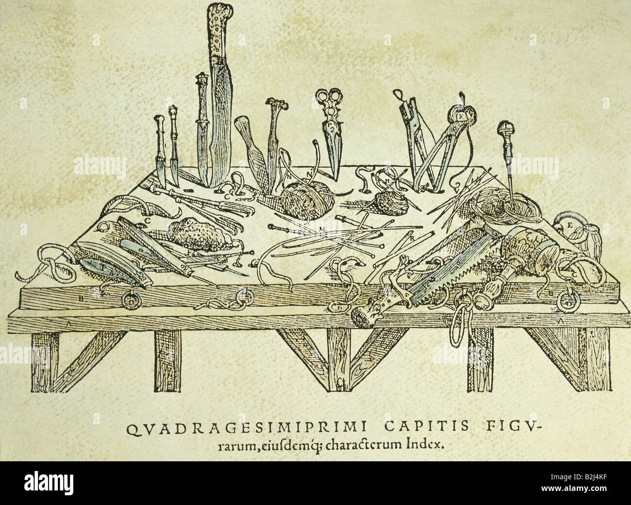 medicine, medical instrument, woodcut by Jan Steven van Kalkar, 'De humani corporis fabrica' by Andreas Vesalius, printed by Johannes Oporinus, Basel, 1543, private collection, , Stock Photo