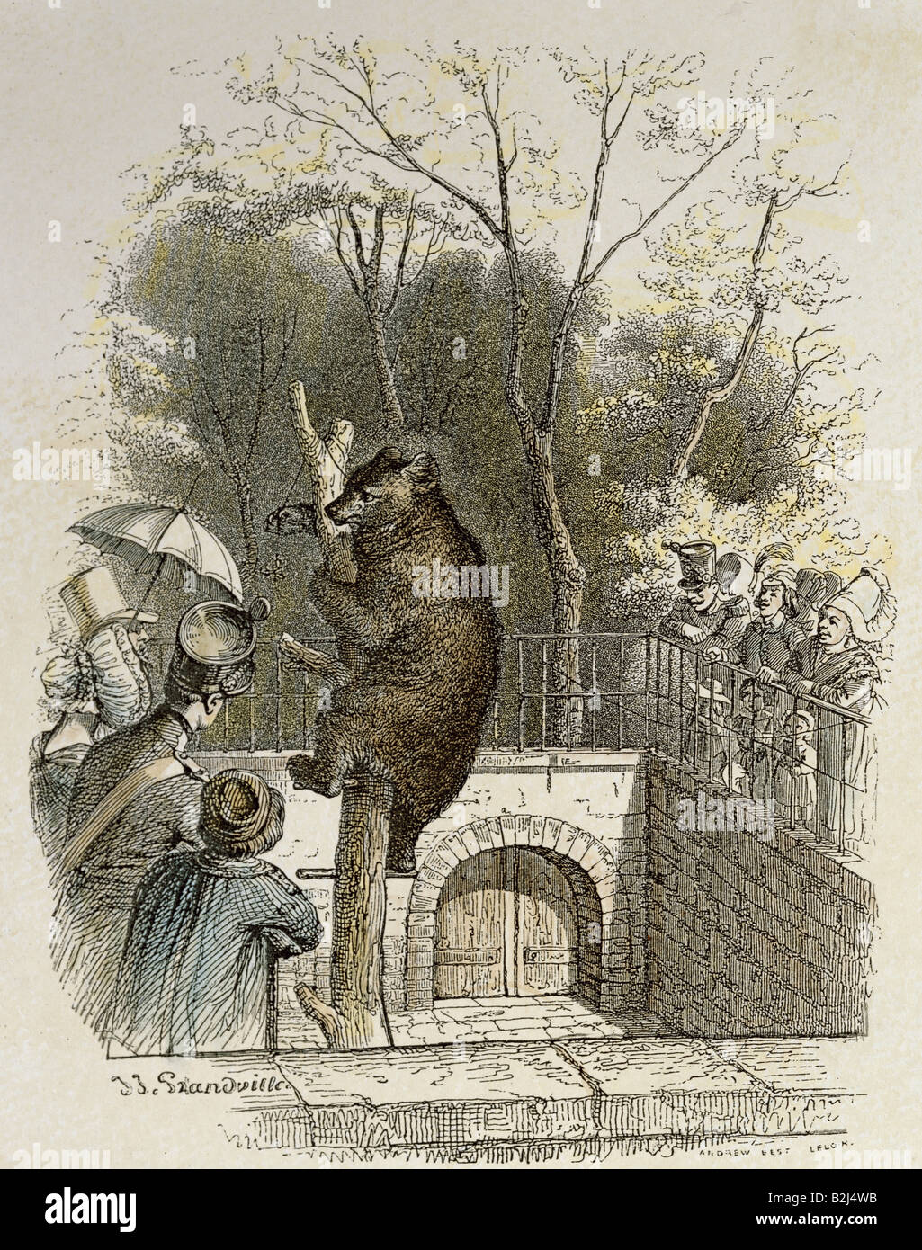 zoology / animal, zoo, bear pit at the Jardin des Plantes, wood engraving, coloured, by Grandville, from 'Le Jardin des Plantes', Paris, France, 1842, private collection, Stock Photo