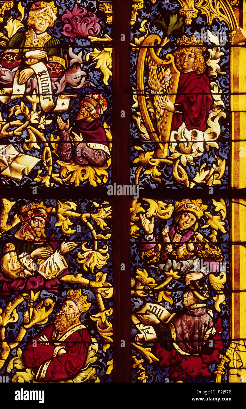 fine arts, Andlau, Peter Hemmel of, (1420 - 1480), glass painting, Kramer window, genealogy of Jesus, Ulm Münster, Ulm, Germany, Artist's Copyright has not to be cleared Stock Photo