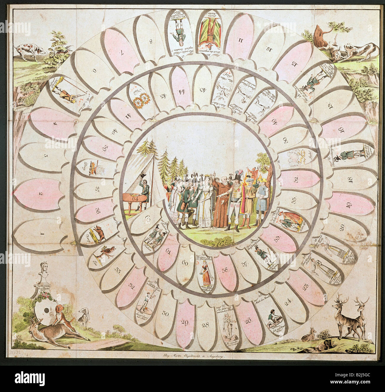 game, parlour games, 'Der Freischuetz', etching, coloured, 52.2 cm x 55.8 cm, Augsburg, Germany, circa 1825, Bavarian National Museum, Munich, Stock Photo