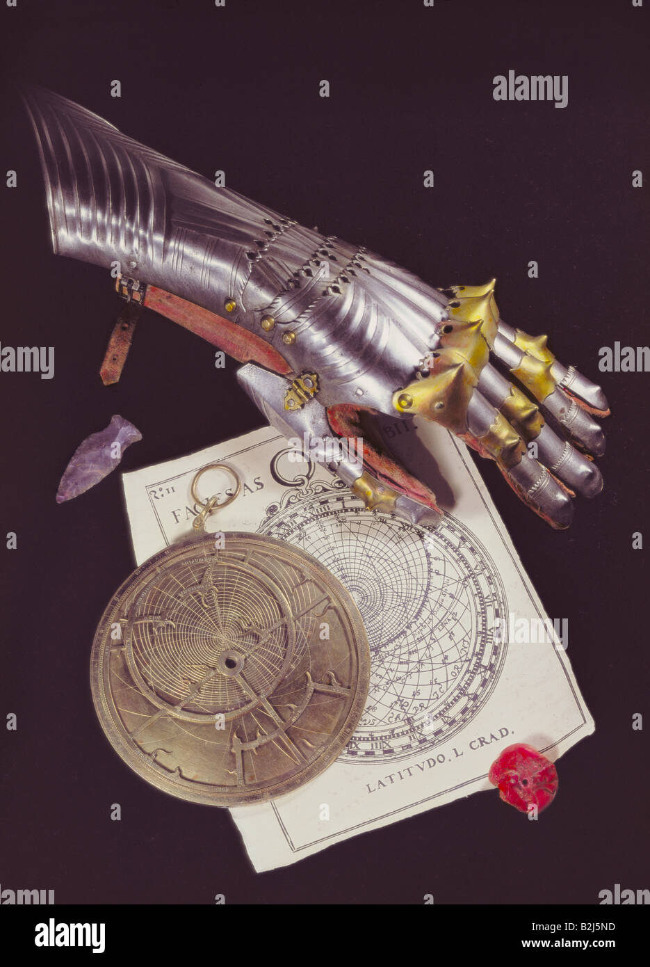 astronomy, measuring instruments, astrolabe with instructions, Nuremberg, circa 1500, glove of as knight's armour, South Germany, circa 1470, Bavarian NationalMuseum, Munich, knights, science, Bavaria, Germany, 15th/16th century, historic, historical, middle ages, Stock Photo