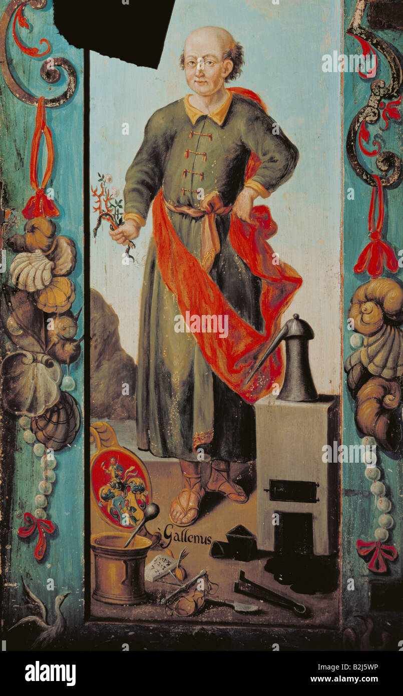 Galen of Pergamum, circa 129 - circa 200 AD, Greek physician, full length, detail of a painted pharmacists cabinet, Upper Bavaria, mid 18th century, Kaufbeuren Museum, , Stock Photo