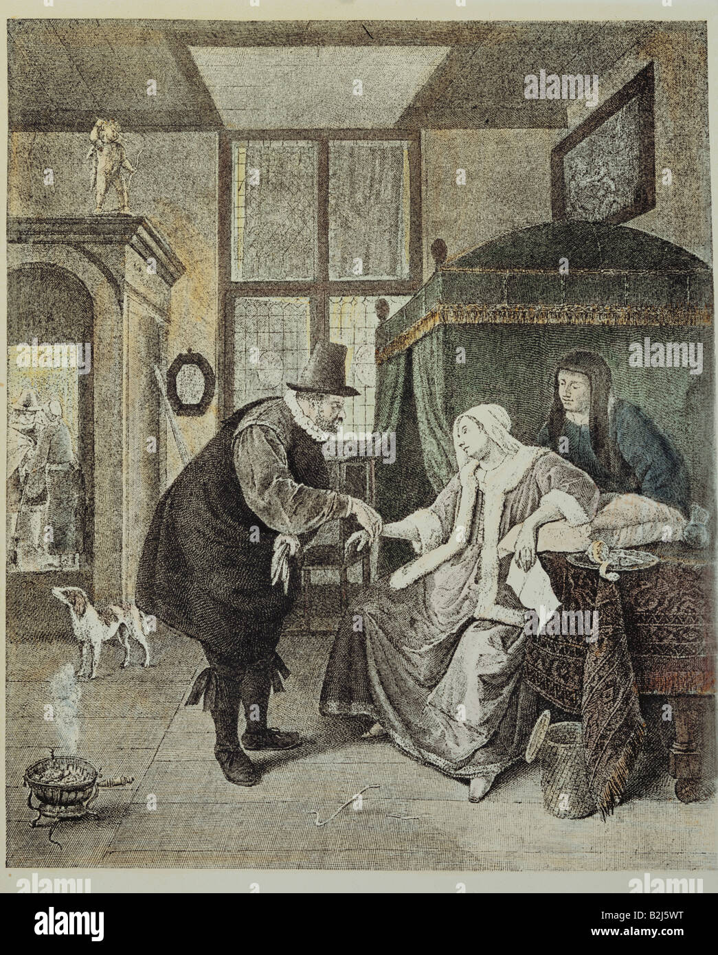 medicine, physicians, domiciliary, copper engraving after Jan Steen, Netherlands, mid 17th century, private collection, physician, people, feeling the puls, room, visit, examination, historic, historical, Artist's Copyright has not to be cleared Stock Photo