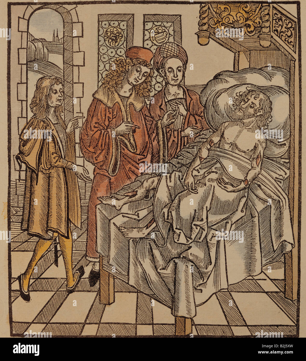 medicine, physicians, physician and his assistents visiting a patient, woodcut, 'Buch der Chirurgia' by  Hieronymus Brunschwyg, printed by Johann Grueninger, Strassburg, 1497, private collection, Stock Photo
