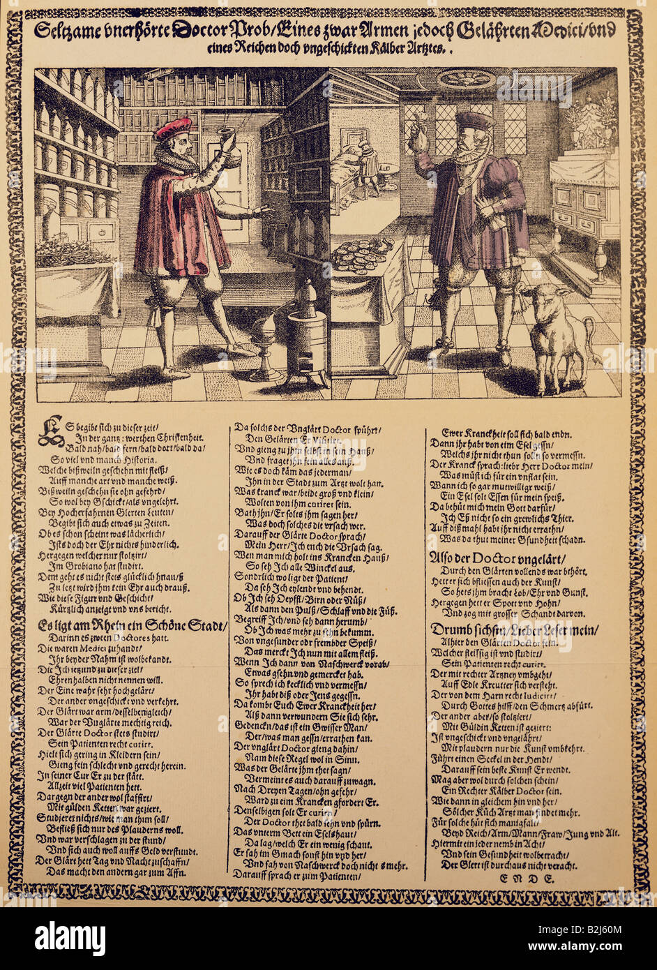medicine, physicians, 'Strange outrageous test of a poor but scholary medic and a rich but awkward physician', satirical leaflet, South Germany, 2nd half 16th century, private collection, , Stock Photo